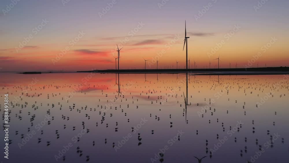 Aerial video flying over pink salt lake with turbines and birds from drone. Alien landscape with pink water and orange sunset. Sivash, Ukraine. 4k UHD footage Aerial video flying over pink salt lake with turbines and birds from drone. Alien landscape with pink water and orange sunset. Sivash, Ukraine. 4k UHD footage
