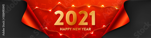 2021 Happy New Year Promotion Poster or banner with LED String lights for Retail,Shopping or New year Promotion in red and black style.2021 Poster or banner template with golden text