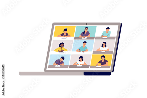 Online class. School learning, study from home via teleconference or web video conference call. Emergency school, college test or course element. Vector illustration.
