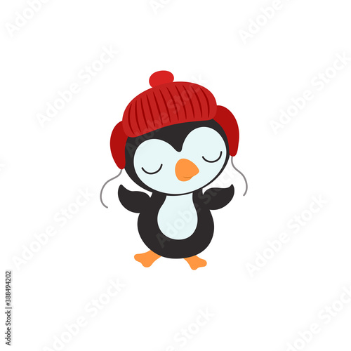 Cute penguin cartoon character. Winter animal bird. Sweet style. Children vector illustration. Kid penguin. Christmas winter season print. Funny whimsical doodle. Scandinavian or kawaii design.