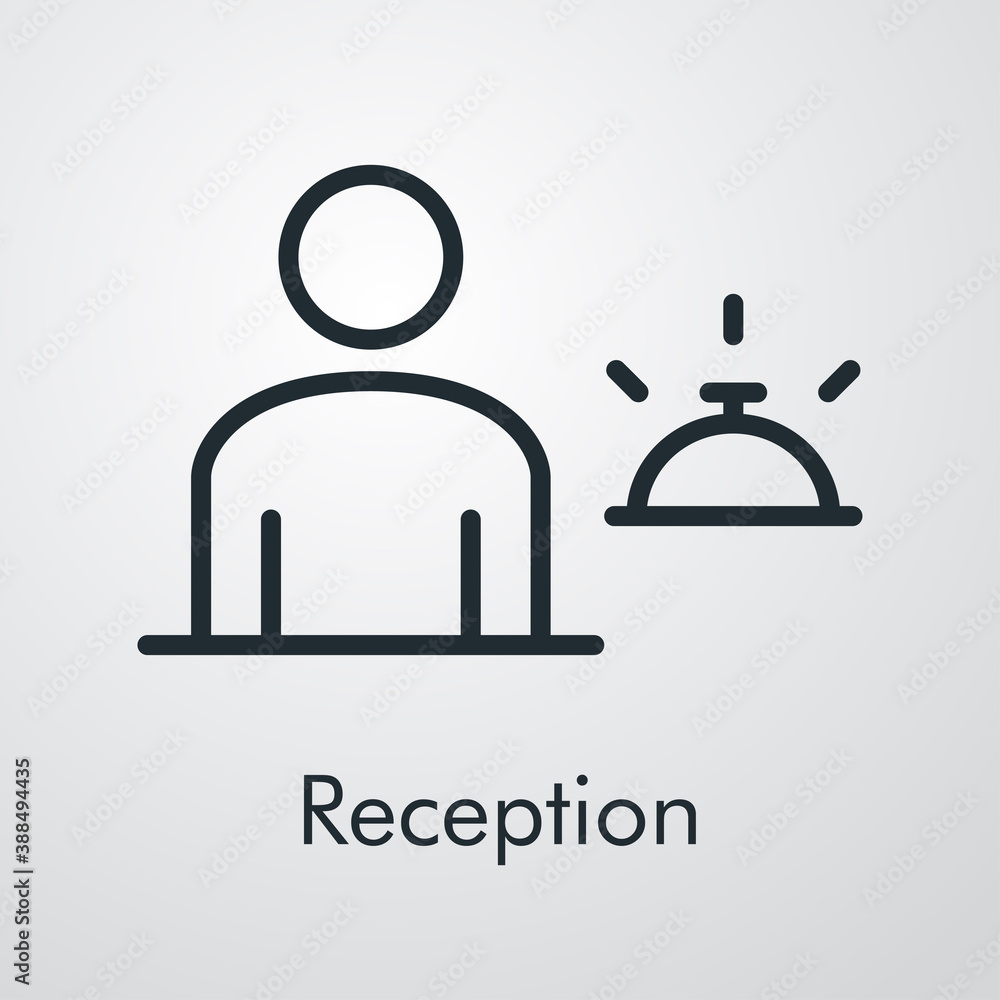 Logotipo con texto Reception. Icono lineal hombre con campana de recepción de hotel en fondo gris Logotipo con texto Reception. Icono lineal hombre con campana de recepción de hotel en fondo gris