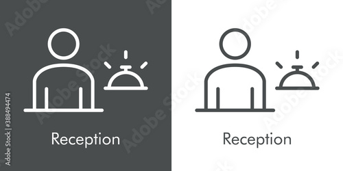Logotipo con texto Reception. Icono lineal hombre con campana de recepción de hotel en fondo gris y fondo blanco