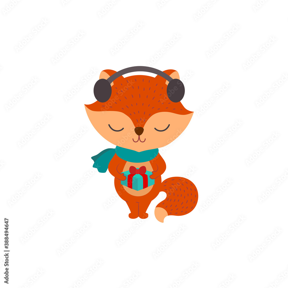 Naklejka premium Cute fox cartoon character. Little woodland animal sweet style. Children vector illustration. Kid foxy. Christmas winter season print. Funny whimsical doodle. scandinavian cozy magic winter theme.