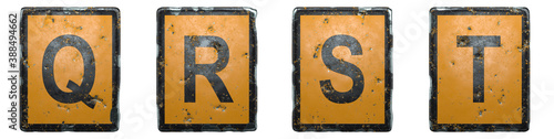 Set of capital letter Q, R, S, T made of public road sign orange and black color on white background. 3d