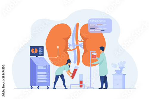 Doctors conducting dialysis procedure for kidney treatment. Vector illustration for patient hemodialysis, healthcare, blood transfusion, internal injection, kidney disease concept