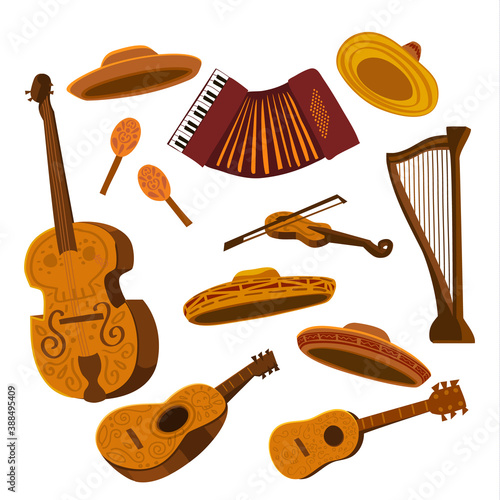 Set of mariachi musical instruments and sombreros