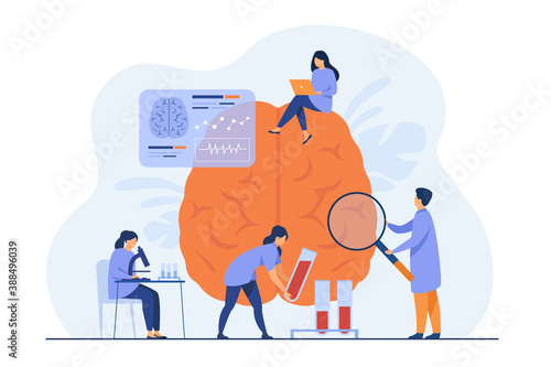 Doctors doing medical research on human brain and testing blood samples. Scientists studying brain and memory, collecting data. Vector illustration for experiment, laboratory, science concept