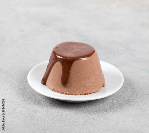 Creamy Italian dessert chocolate Panna cotta with sauce on a plate on a light background