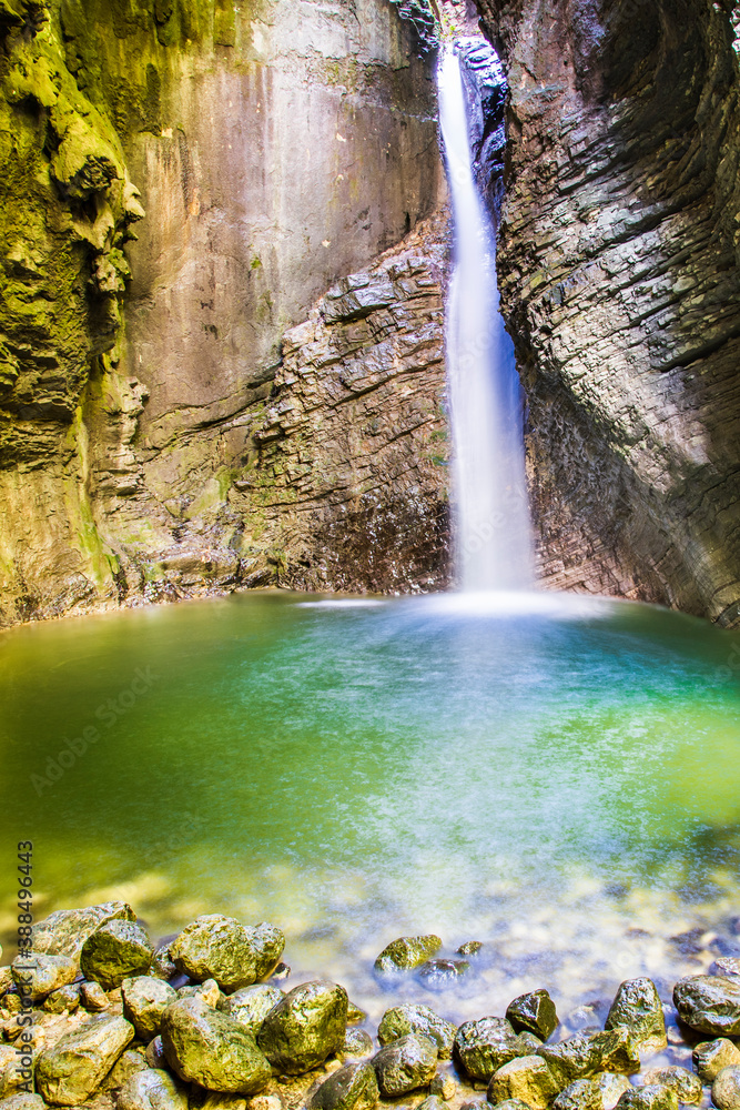 Fototapeta premium Caporetto, Kozjak waterfalls, Isonzo river nestled in the Julian pre-Alps. Slovenia