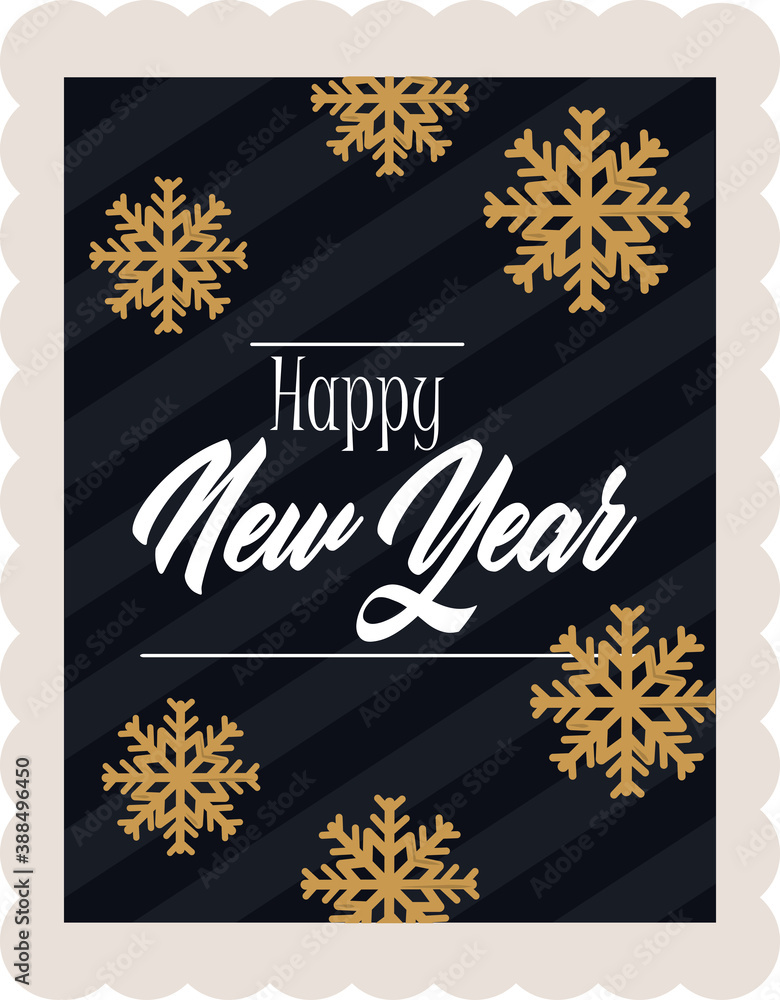 happy new year 2021, golden snowflakes calligraphy and striped background, postage stamp icon happy new year 2021, golden snowflakes calligraphy and striped background, postage stamp icon