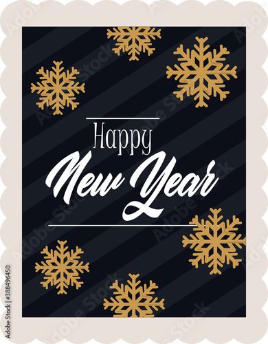 happy new year 2021, golden snowflakes calligraphy and striped background, postage stamp icon