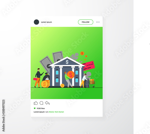People with money walking to bank building. Queue of characters carrying cash near bank office. Vector illustration for finance, loan, credit department concept