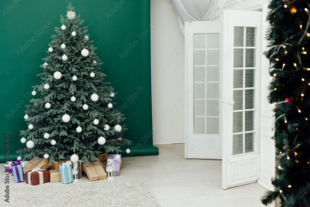 Christmas tree pine with gifts new year decor green background
