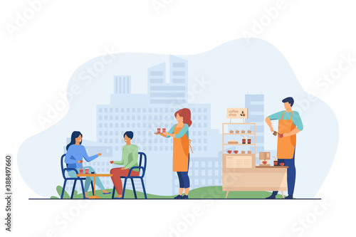 Waitress carrying takeaway coffee to customers in outdoor cafe. Coffee shop stand, stall, kiosk flat vector illustration. Street food, summer concept for banner, website design or landing web page