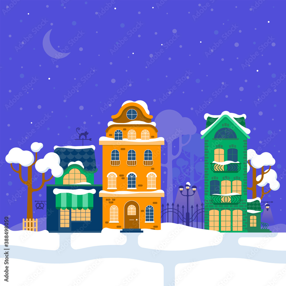 Colorful houses on a snowy winter street at night with a starry sky and moon