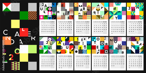 Illustrated abstract calendar for 2021. Set of postcards in flat style