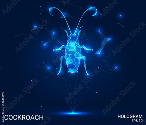 A hologram of a cockroach. A cockroach made up of polygons, triangles, points, and lines. Cockroach low-poly compound structure. The technology concept.