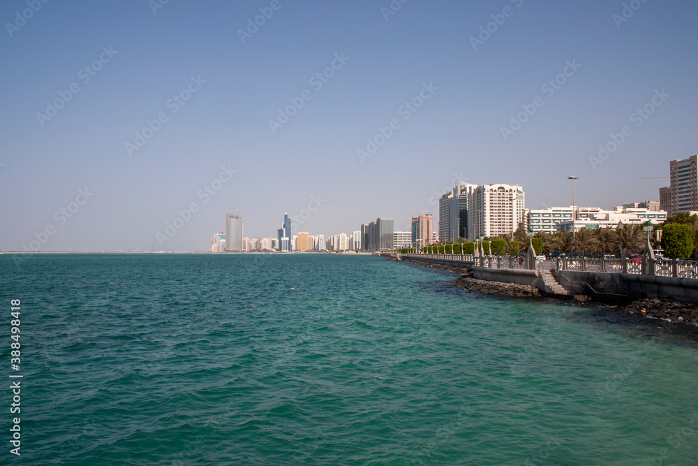 A daytime skyline of the Abu Dhabi Corniche waterfront