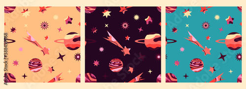 Set of three seamless colorful vector patterns with stars, comets, and planets on a colored background. Space. Illustration for gifts, banners, fabrics, postcards, holidays.