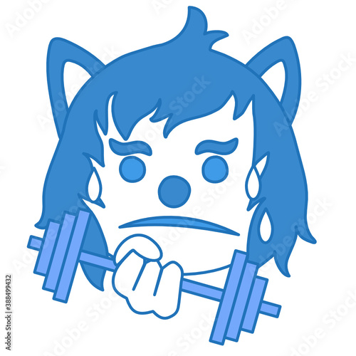 wolf emoji with sweat drops that is working out or physically exercising or weight training by lifting dumbbells with his hands, simplistic facial expression vector illustration