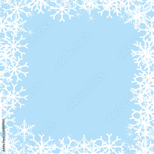 Fototapeta Naklejka Na Ścianę i Meble -  Beautiful snowflakes frame on a blue winter christmas marketing vector background.
