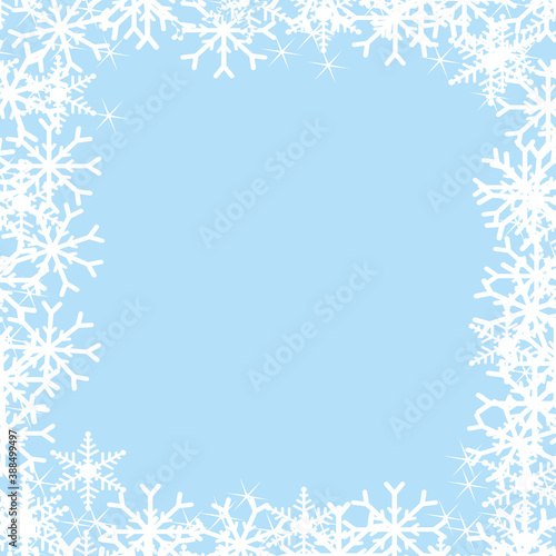 Beautiful snowflakes frame on a blue winter christmas marketing vector background.