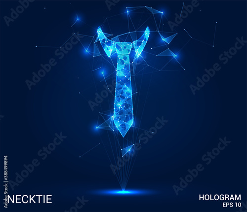 The necktie hologram. A Necktie of polygons, triangles, points, and lines. Necktie is a low poly compound structure. The technology concept.