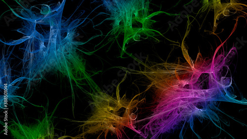 Abstract fractal multicolored neon background. Horizontal banner. Used for design and creativity, for screensavers.