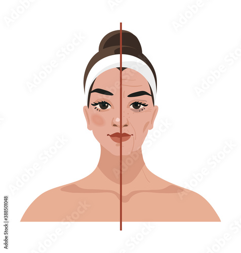 Portrait of a young woman and age-related changes on her face. Before and after cosmetic procedures, injections, plastic surgery. Flat vector illustration.