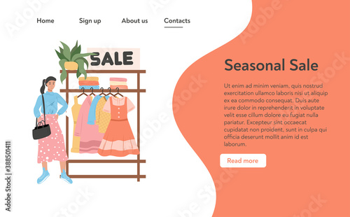 Shopping store landing page template. Woman, shelves with clothes, textile, and accessorizes vector flat cartoon illustration.