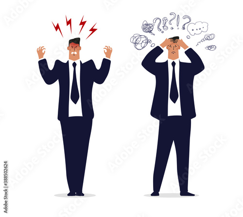 Angry businessman, a man in a suit and tie is upset or furious. The office worker has problems at work, a man in stress from work. Flat vector illustration 