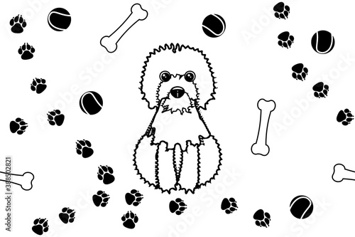 shaggy dog and her toys, black white pattern