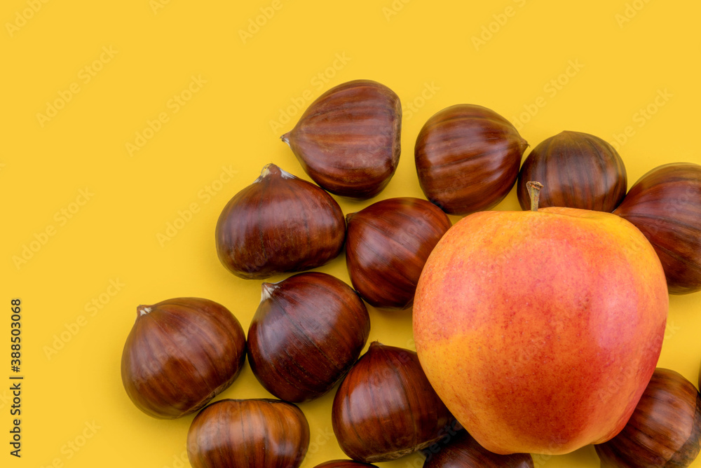chestnuts and red royal gala apple isolated on yellow background in top view, copy space chestnuts and red royal gala apple isolated on yellow background in top view, copy space