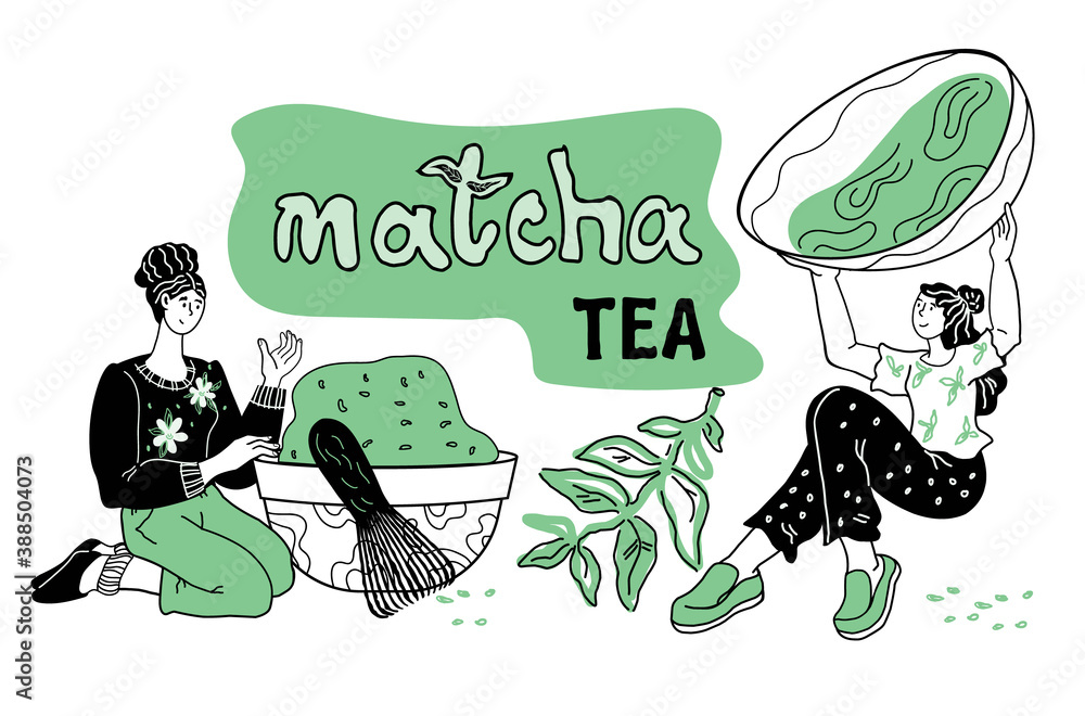 Obraz premium Banner with women enjoying japanese or chinese Matcha drink and inscription. Design for tea house or shop, restaurant or product packaging in modern cartoon style, vector illustration isolated.