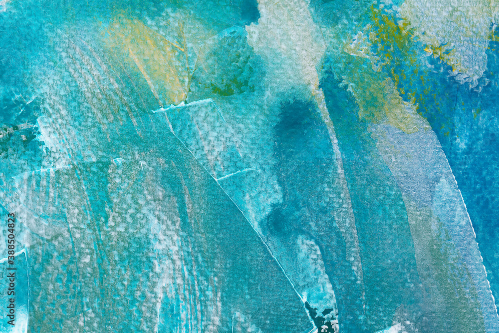 Naklejka premium Light blue splash watercolor texture background. Hand drawn white abstract acrylic paint smudges, blots with brushstrokes backdrop. Vibrant aquarelle smears wallpaper. The color splashing in the paper