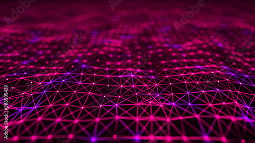 Network of bright connected dots and lines. Abstract dynamic wave of many points. Digital background. 3D rendering.