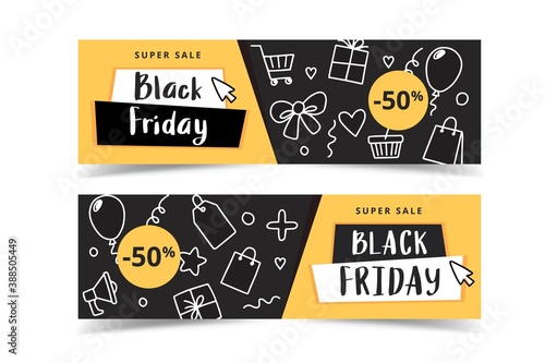 Black friday banner set with doodle elements, vector illustration
