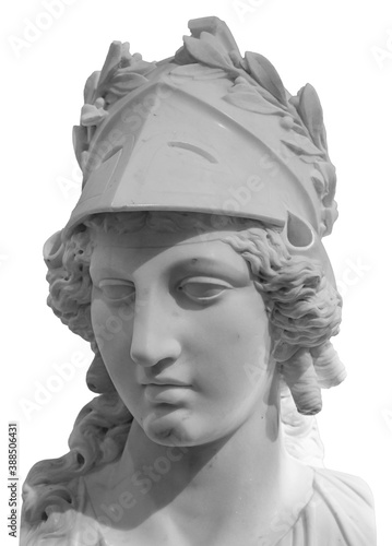 Ancient Greek goddess Athena Pallas statue isolated on white. Marble woman head in helmet sculpture.