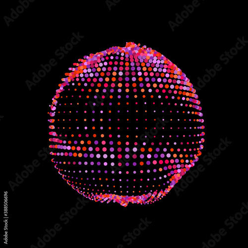 A deformed deflating sphere formed from a sea of dots. An unstable sphere, iridescent with abstract smooth deformations.