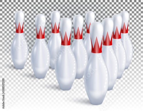 Bowling pins are arranged for game and tournament top view. Isolated on a transparent background. 3d realistic vector illustration.