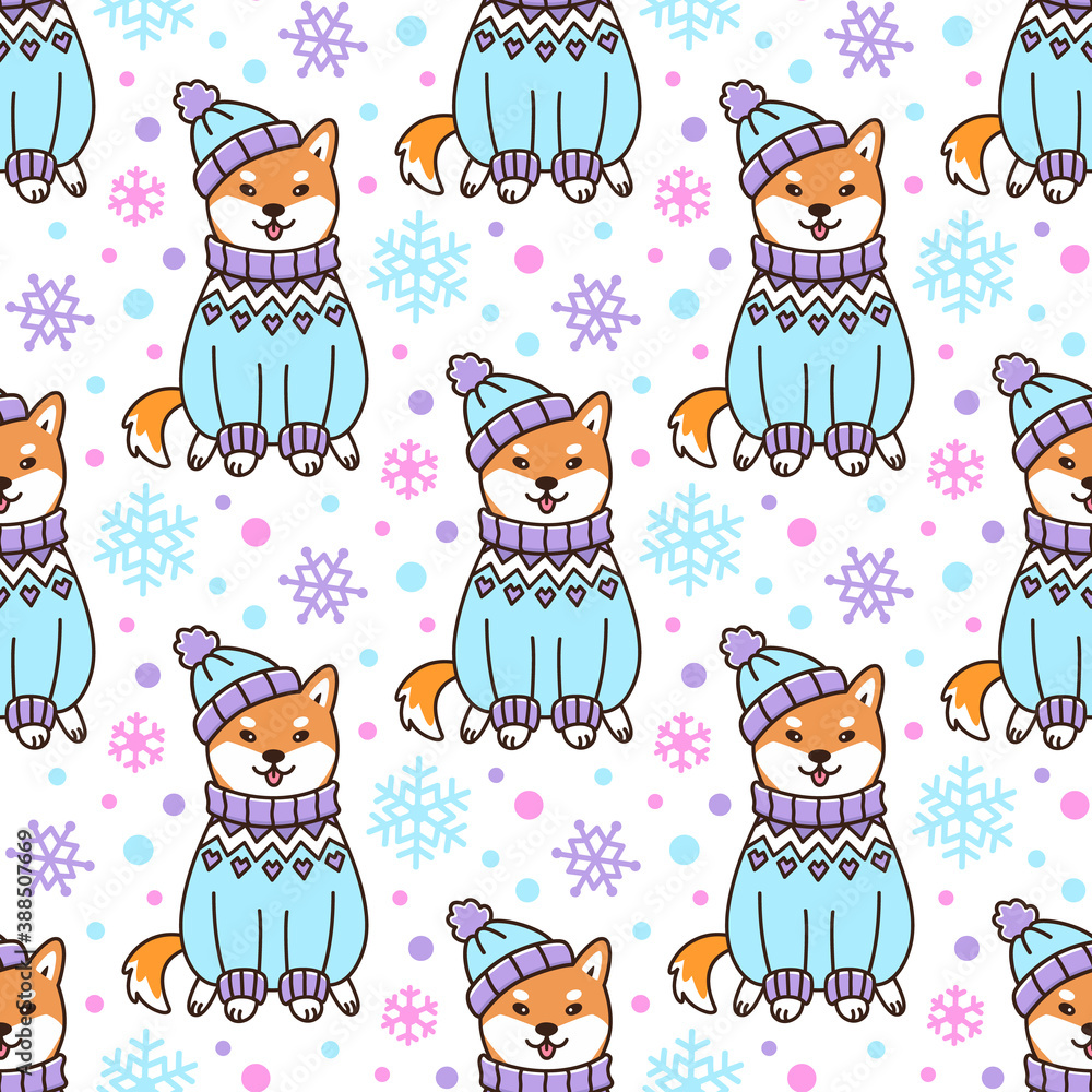 Seamless pattern with dog breed Shiba Inu in Icelandic sweater and hat, with snowflakes, on white background. Beautiful print for packaging, wrapping paper, textile, home decor etc.