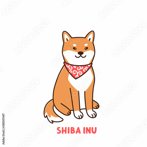 Cute dog of Shiba inu breed in red bandana with white pattern. Cartoon vector illustration. It can be used for sticker, patch, phone case, poster, t-shirt, mug etc.