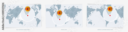 Three versions of the World Map with the enlarged map of Sri Lanka with flag.