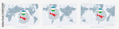Three versions of the World Map with the enlarged map of Uzbekistan with flag.