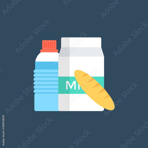 
A bread loaf, milk bottle and water bottle showing grocery product icon

