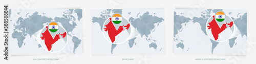 Three versions of the World Map with the enlarged map of India with flag.