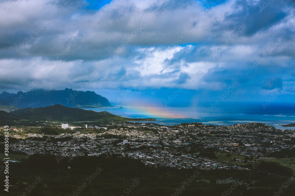 Rainbow at kaneohe bay, view from Nuuanu Pali Lookout, Oahu, Hawaii
