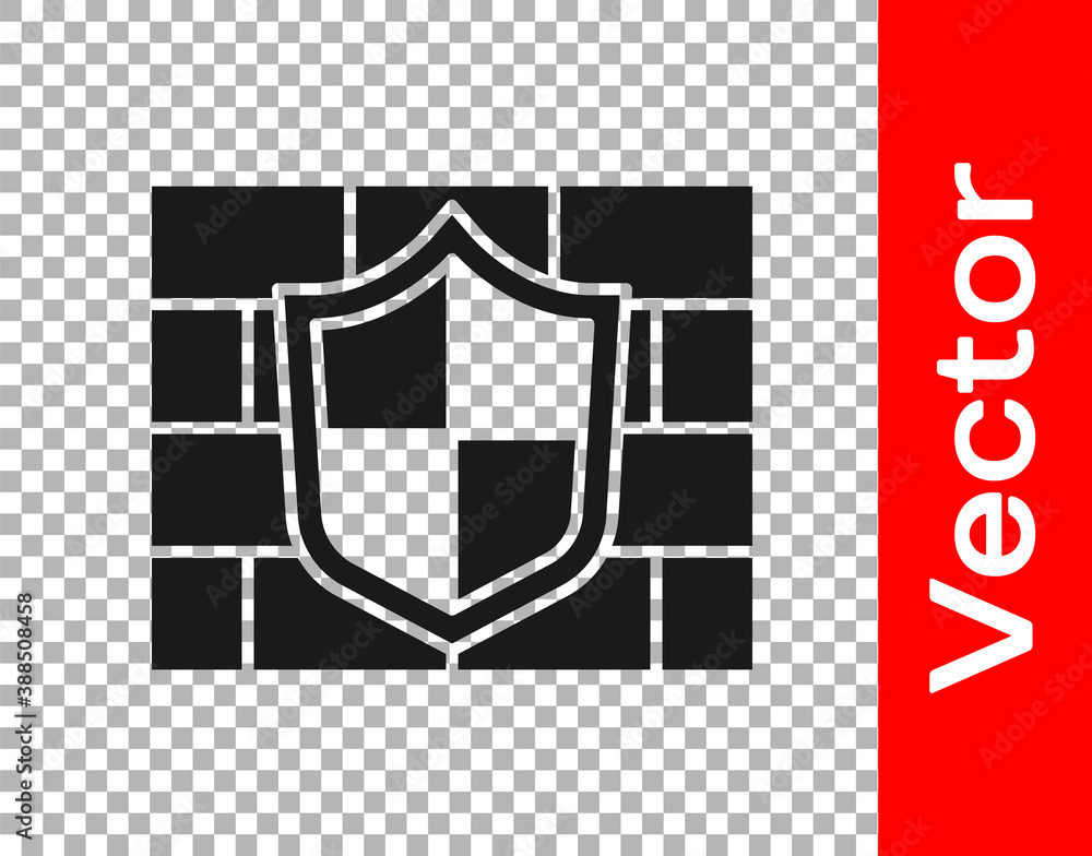 Black Shield with cyber security brick wall icon isolated on ...