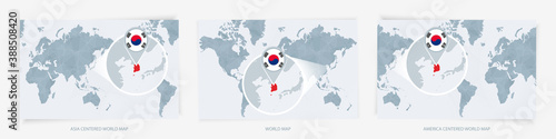 Three versions of the World Map with the enlarged map of South Korea with flag.