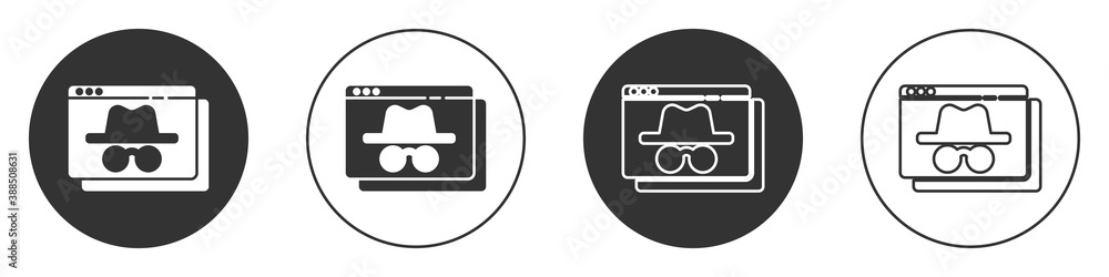 Black Browser incognito window icon isolated on white background. Circle button. Vector. Black Browser incognito window icon isolated on white background. Circle button. Vector.